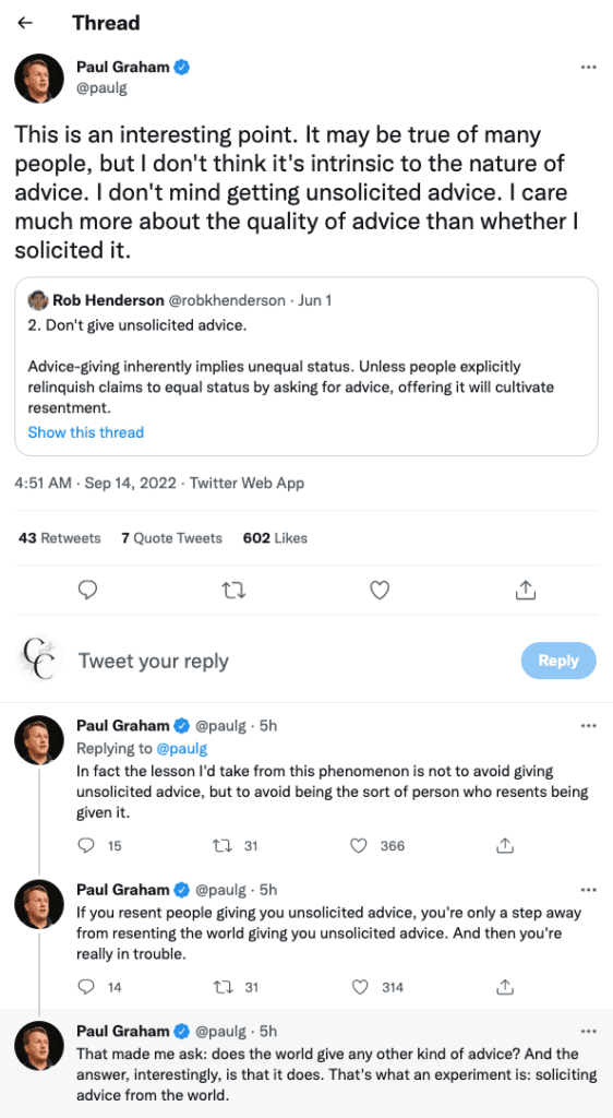 Tweet exchange between Paul Graham and Rob Henderson.